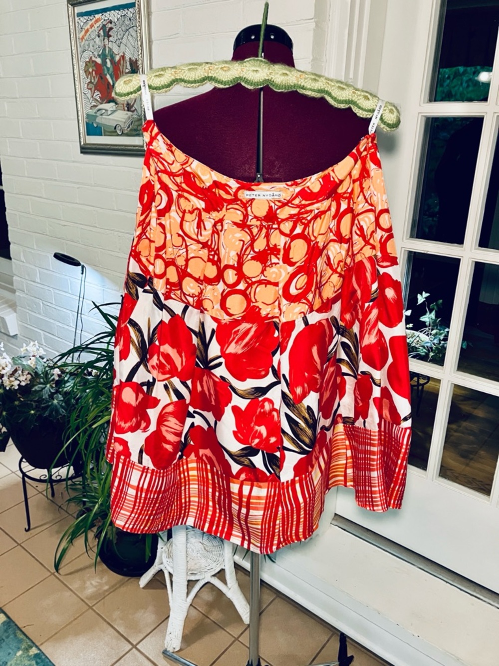 100% Silk Red and Orange Floral A-Line Skirt, lined 12